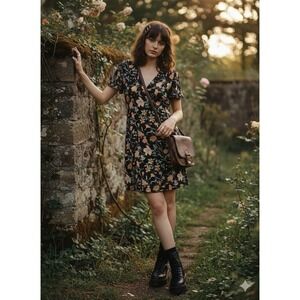 MNG Mango Dark Floral Mini Dress Romantic Whimsigoth Cottagecore Black V-Neck L